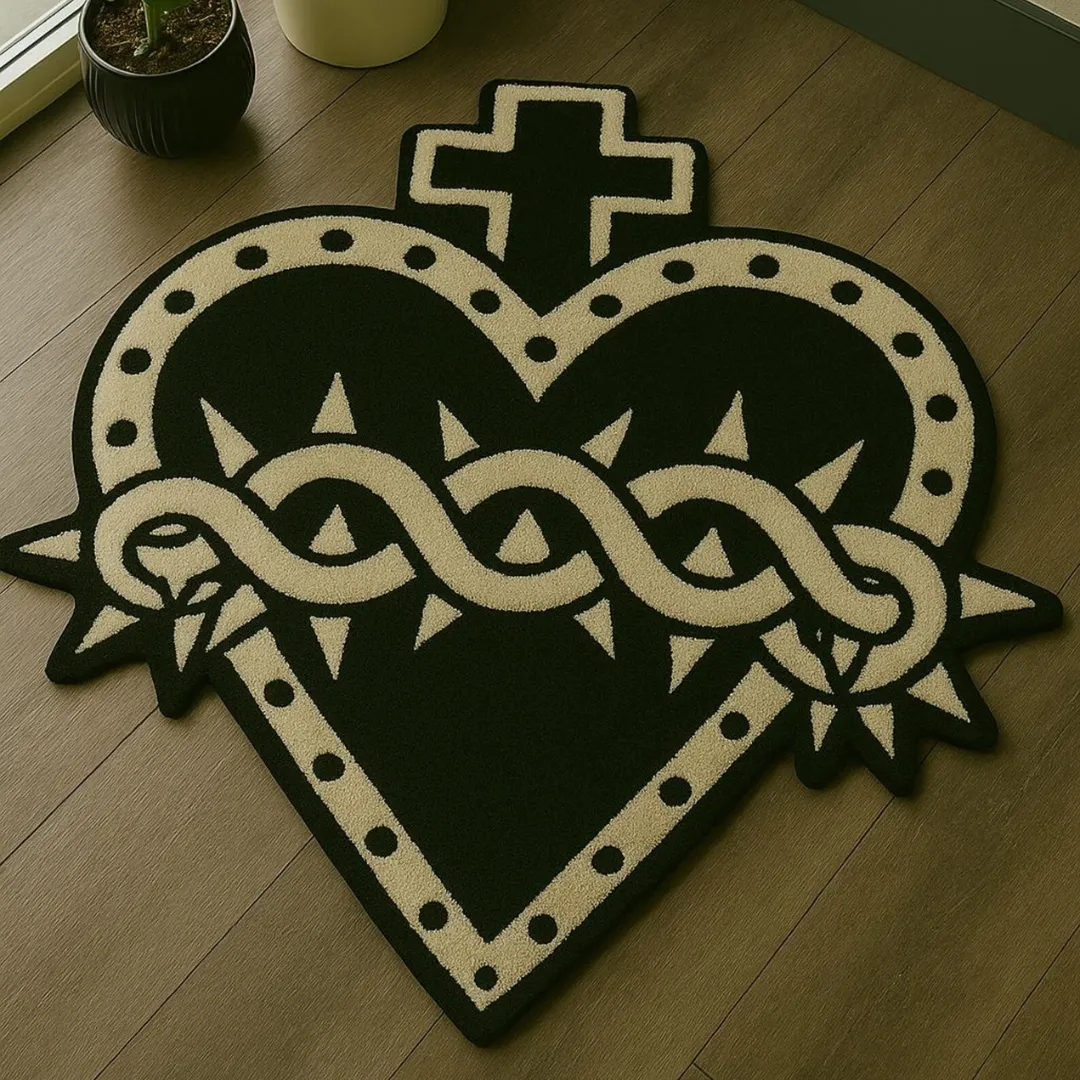 Tattoo-style wool rug featuring a heart, cross, and snake in black and ivory