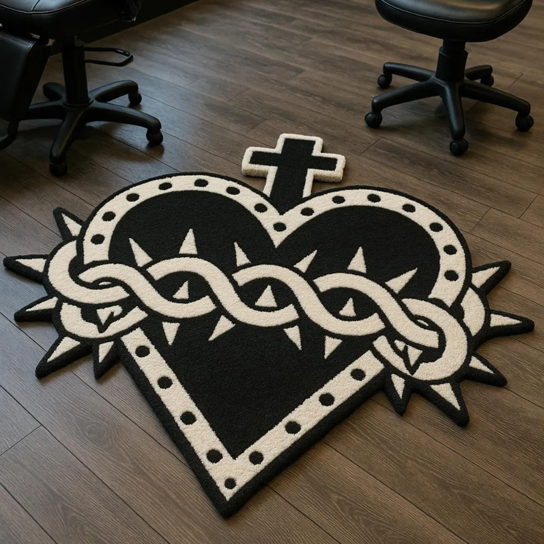 Heart & Cross Tattoo Wool Rug with a bold heart and snake design