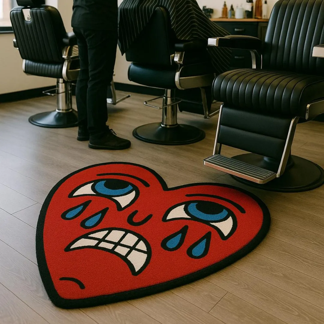 Handmade wool rug with bold red heart and tattoo-style design