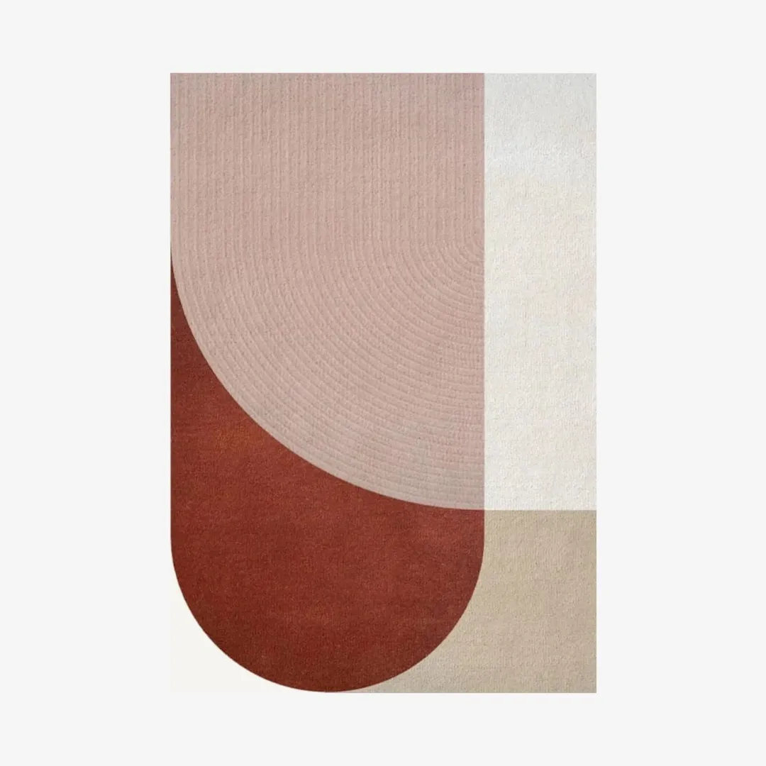 Curva Rug with abstract geometric design in pink, beige, and terracotta.