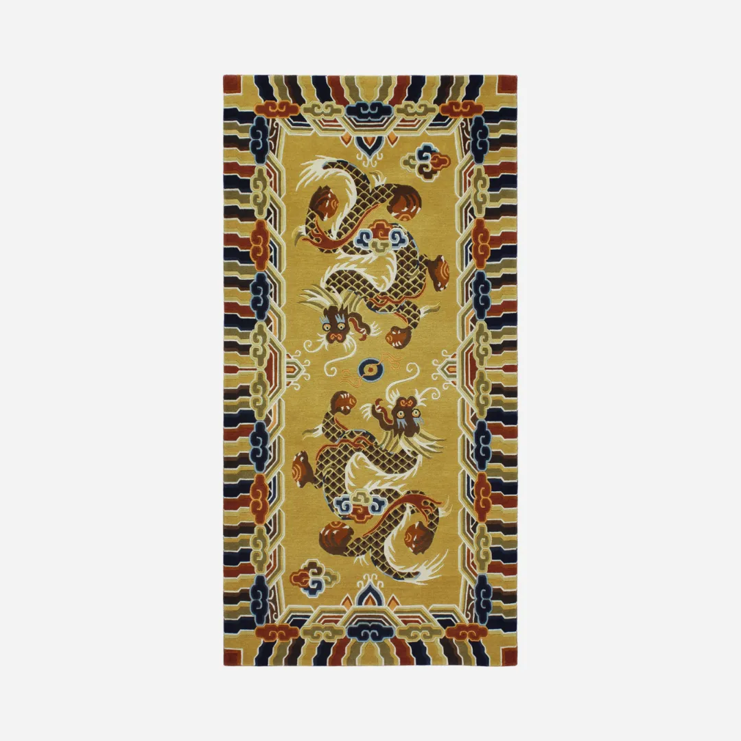 Chinese dragon rug with intricate designs in vibrant colors of yellow, red, and blue.