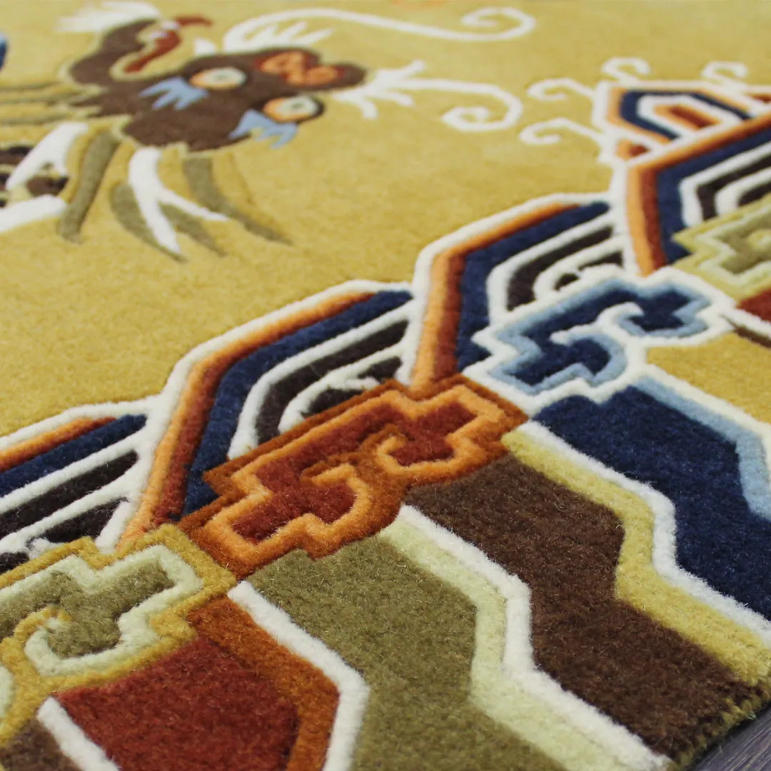 Dragon motif rug with colorful cloud patterns and traditional Chinese symbolism.