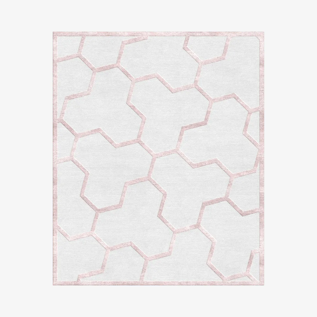 Hexagonal geometric pattern rug with soft pink outline.