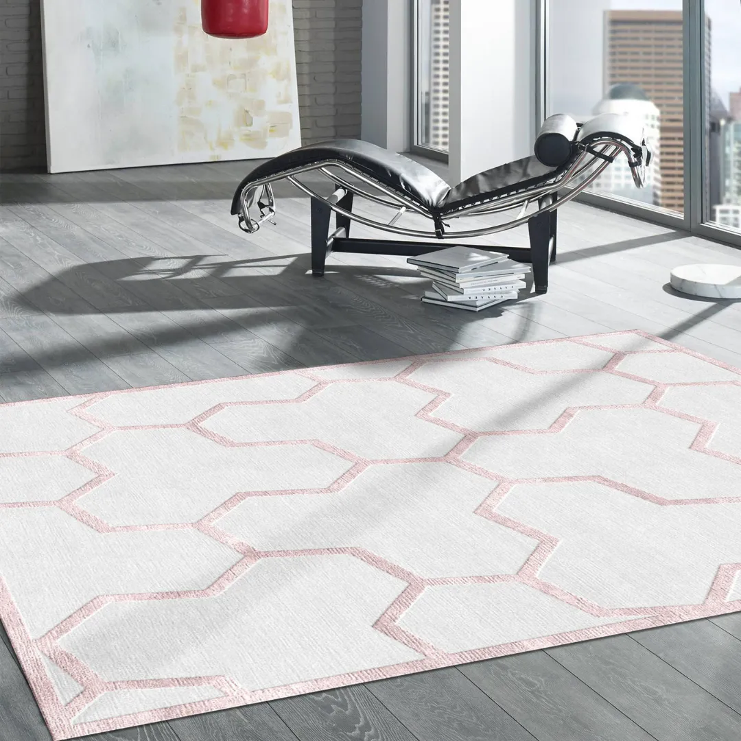 Elegant geometric rug featuring hexagonal design with neutral tones.