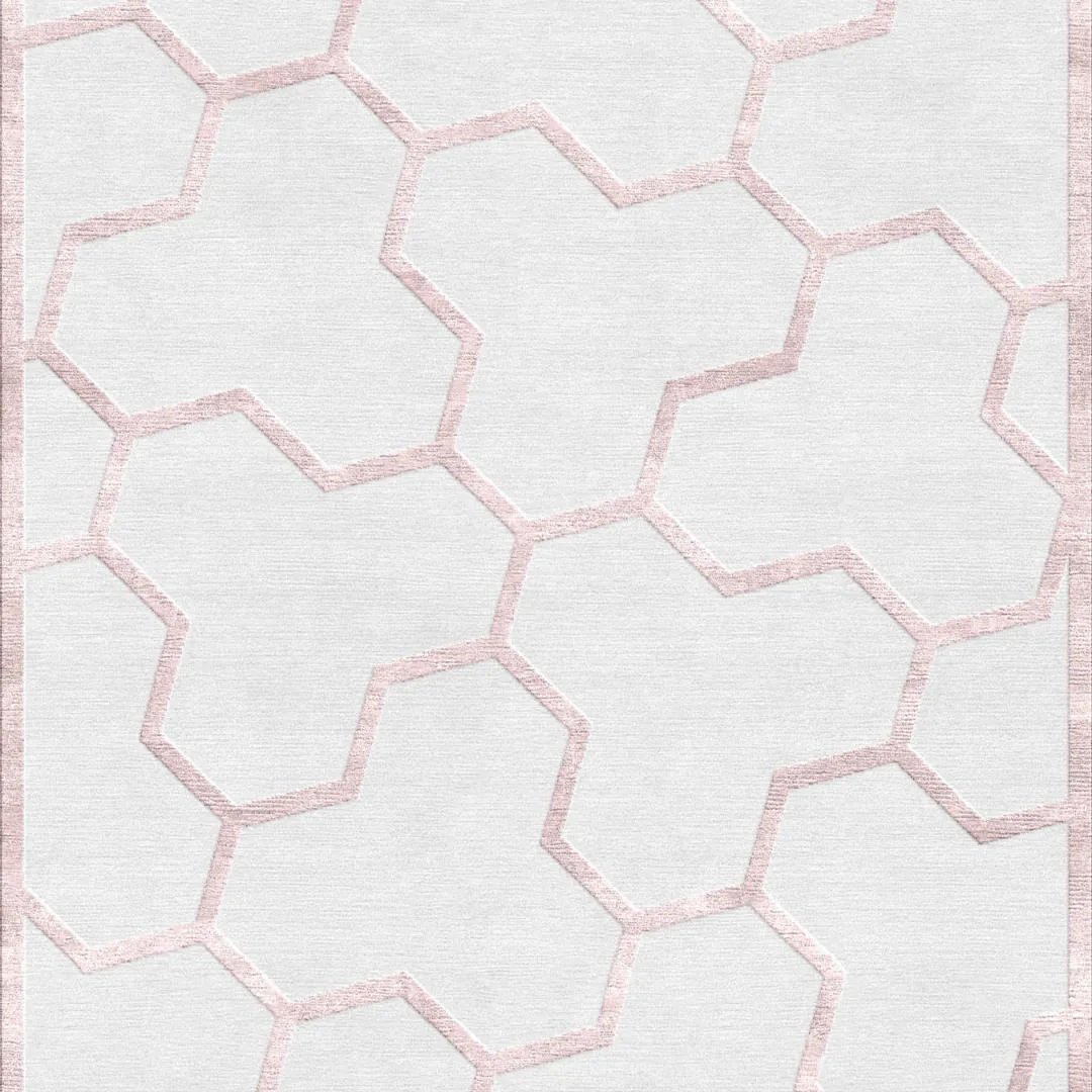 Chic area rug with hexagonal shapes and delicate pink borders.