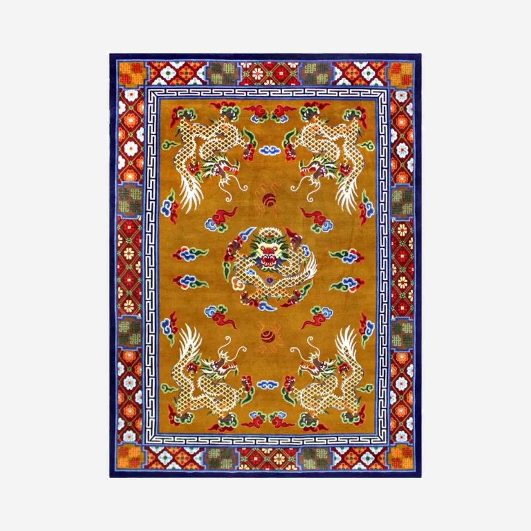 Chinese dragon and phoenix motif rug with vibrant colors and intricate detailing.