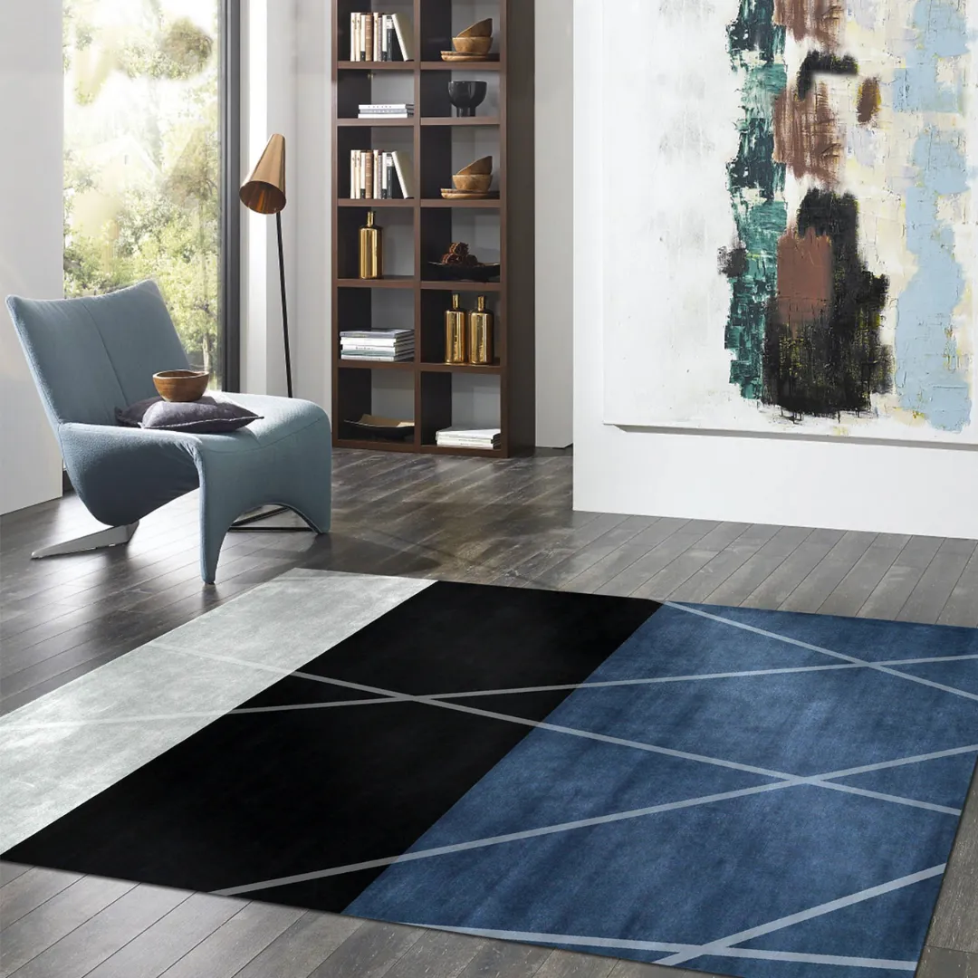 Modern area rug featuring sharp geometric lines and shapes.