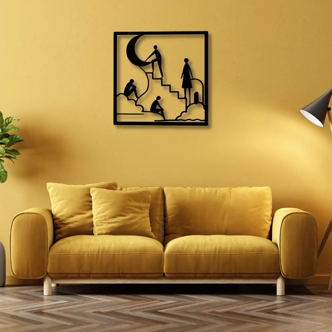 Moon Stairway Silhouettes Surreal celestial inspired black metal wall art with human figures