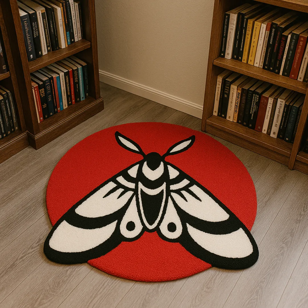 Moth tattoo rug with bold black and white design on a red background.
