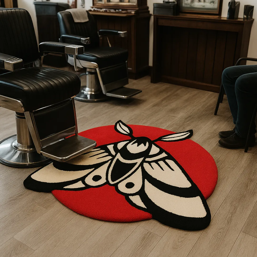 Round rug featuring tattoo-style moth design in black and white.