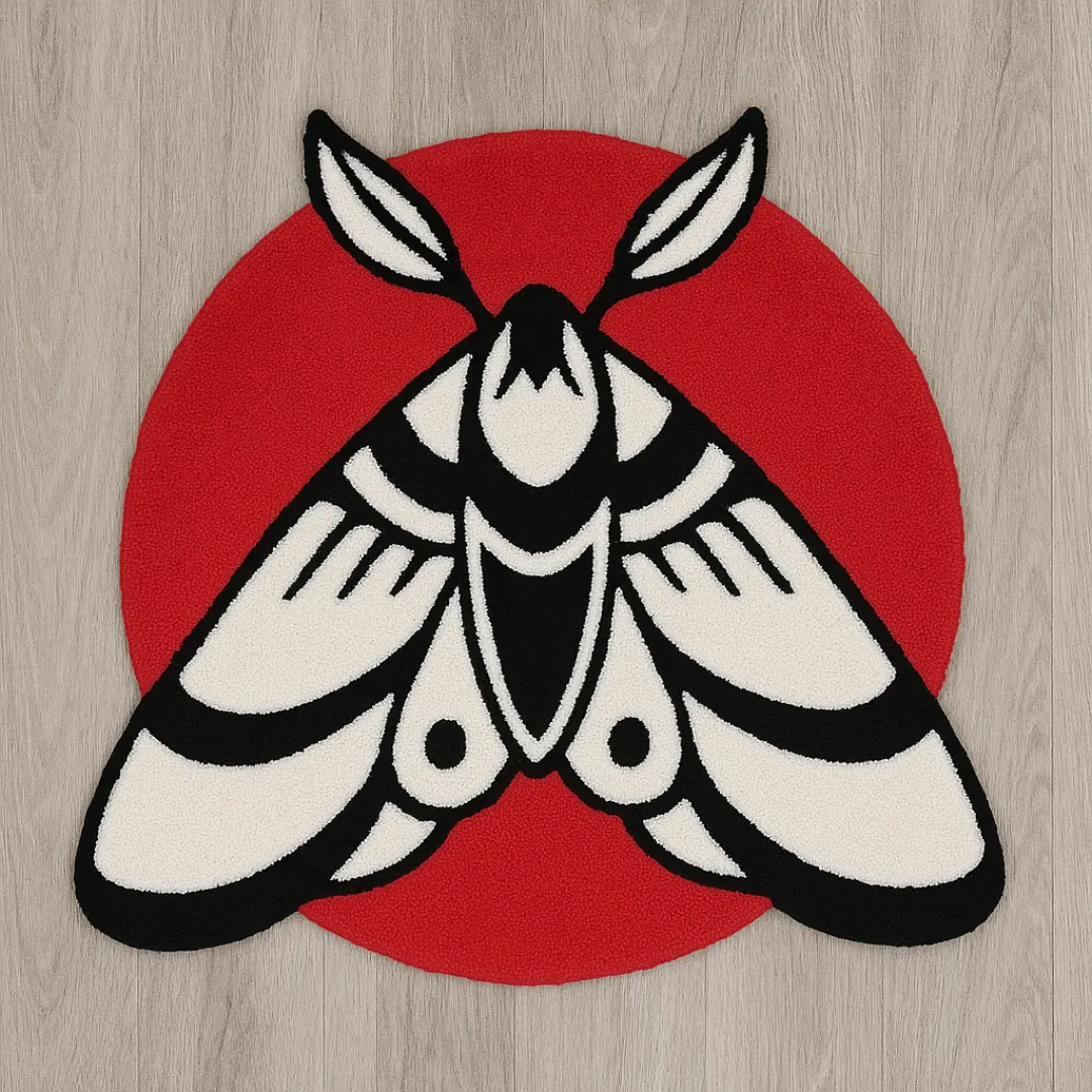 Bold moth tattoo rug on red circular base for modern spaces.