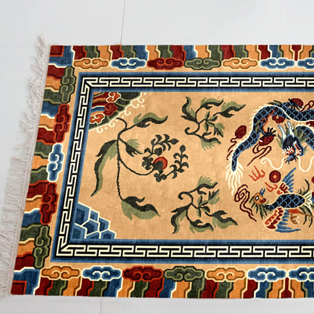 Elegant dragon rug with a vibrant border and intricate floral patterns.