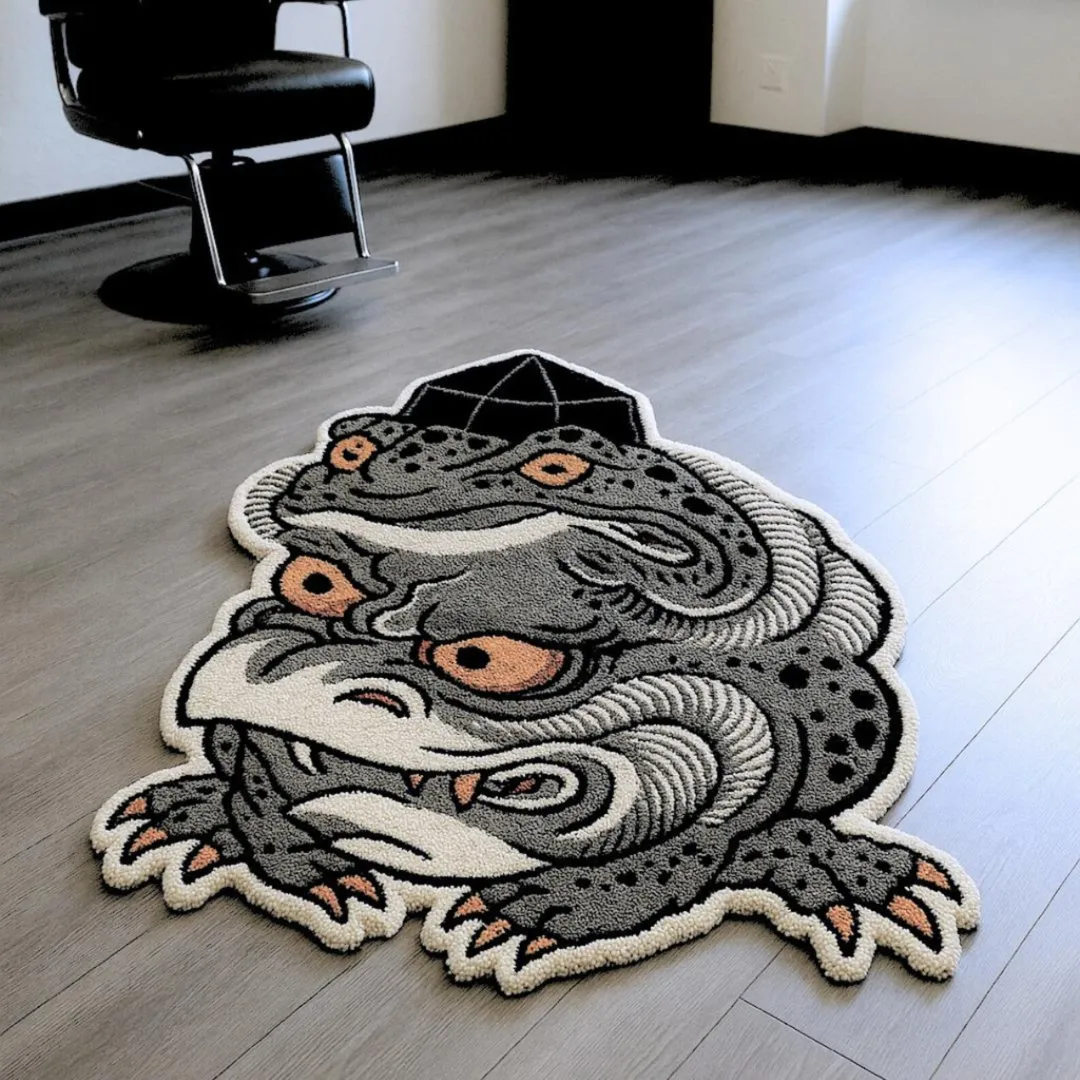 Hand-tufted wool rug featuring frog demon tattoo art