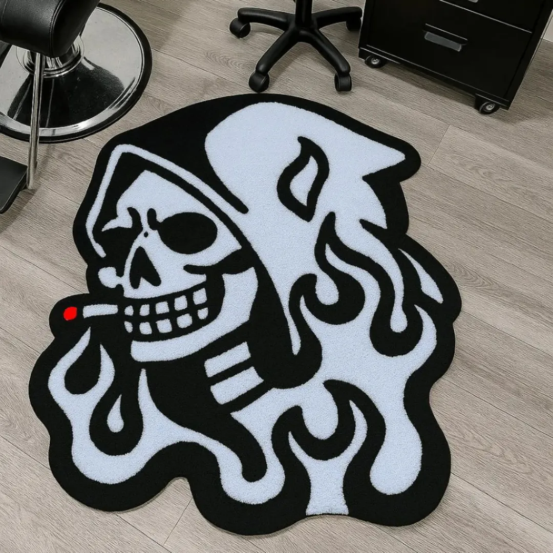 Skull Flame tattoo-inspired area rug with black and white design.