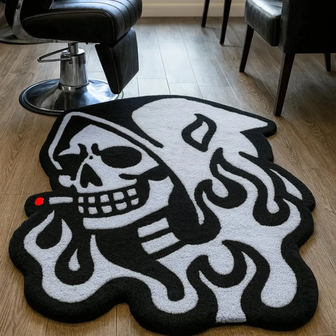 Bold black and white skull rug with red flame detail and cigarette.