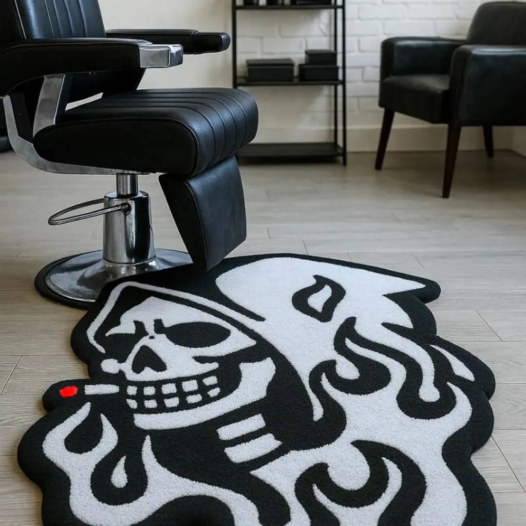 Skull Tattoo Rug with flames and bold skull design