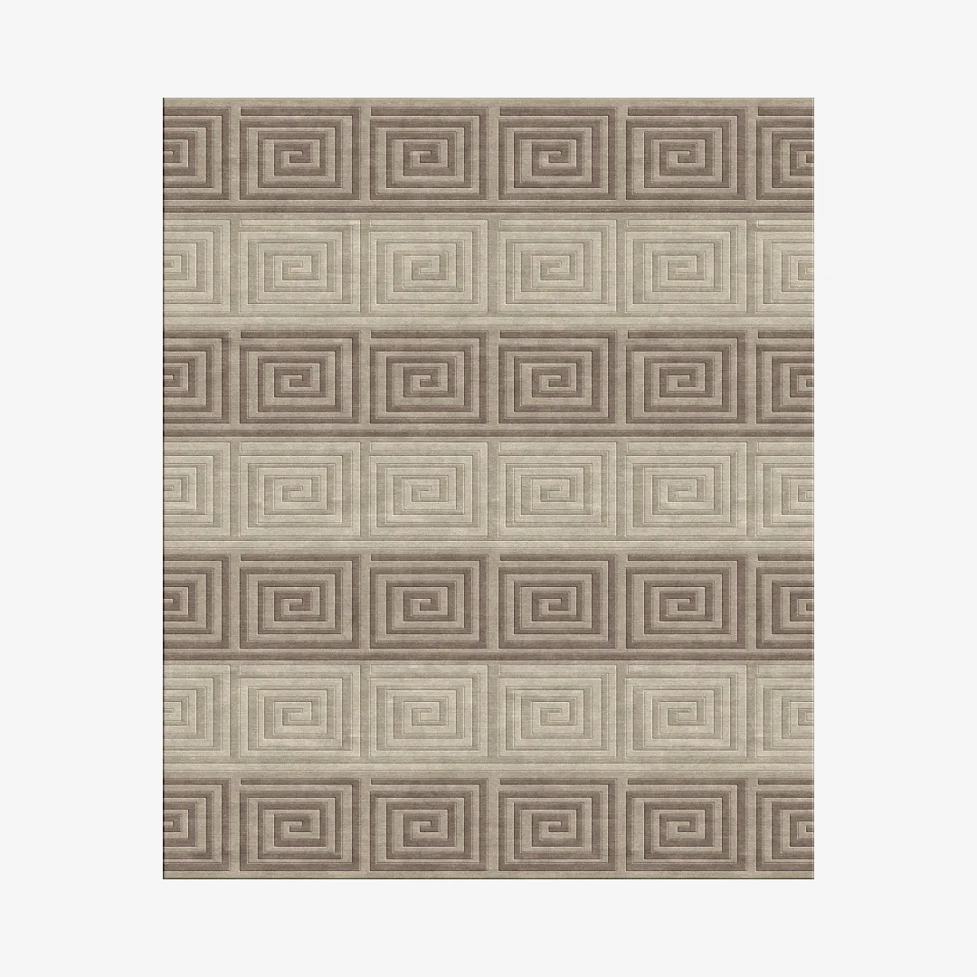 Spiral geometric pattern rug with neutral tones.