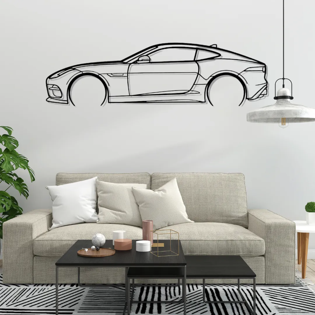 Sports Car Coupe Sports car coupe metal wall art in matte black, luxury car silhouette decor above White sofa in modern living room.
