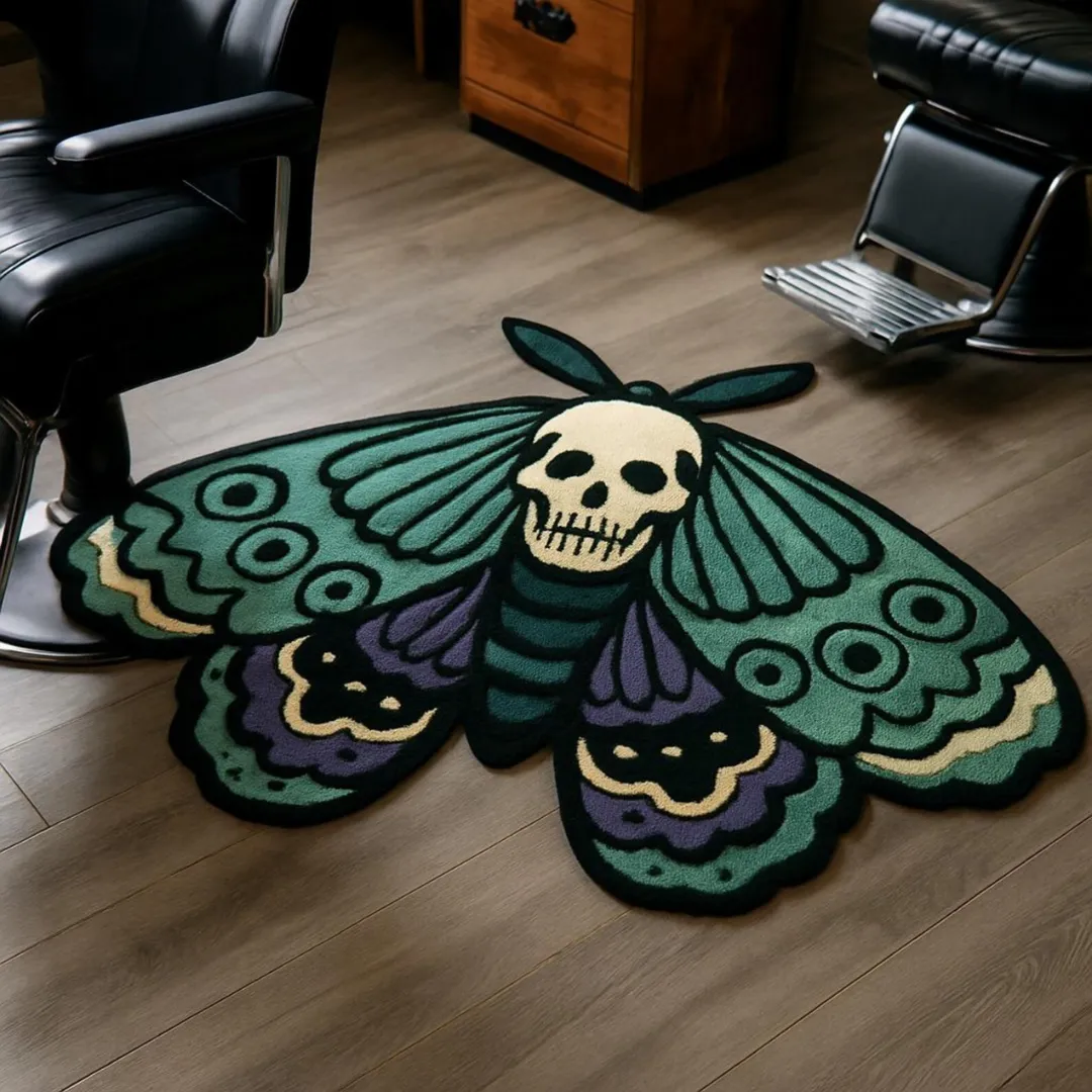 Skull moth tattoo rug in wool featuring bold colors and soft texture
