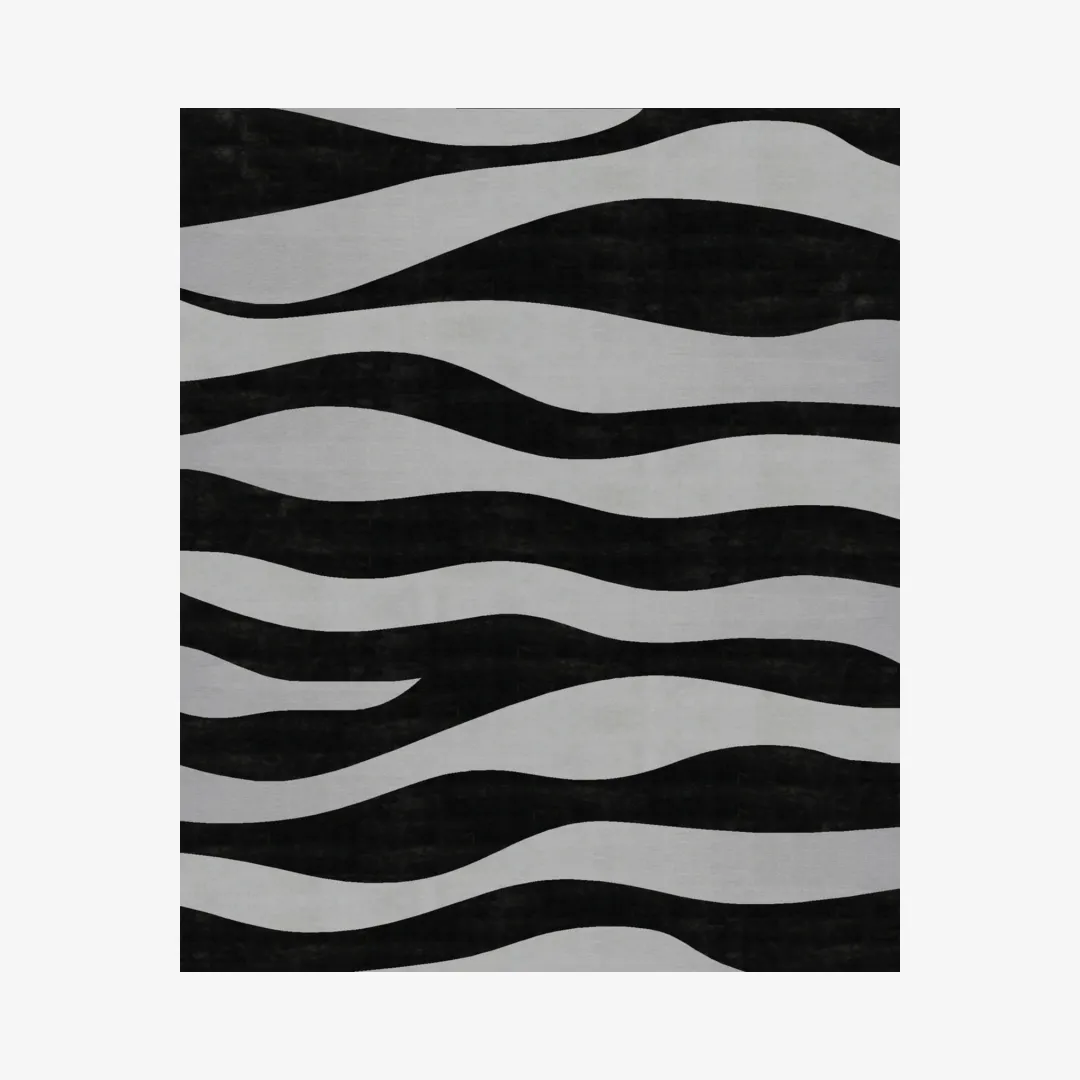 Black and gray wavy pattern area rug for modern spaces.