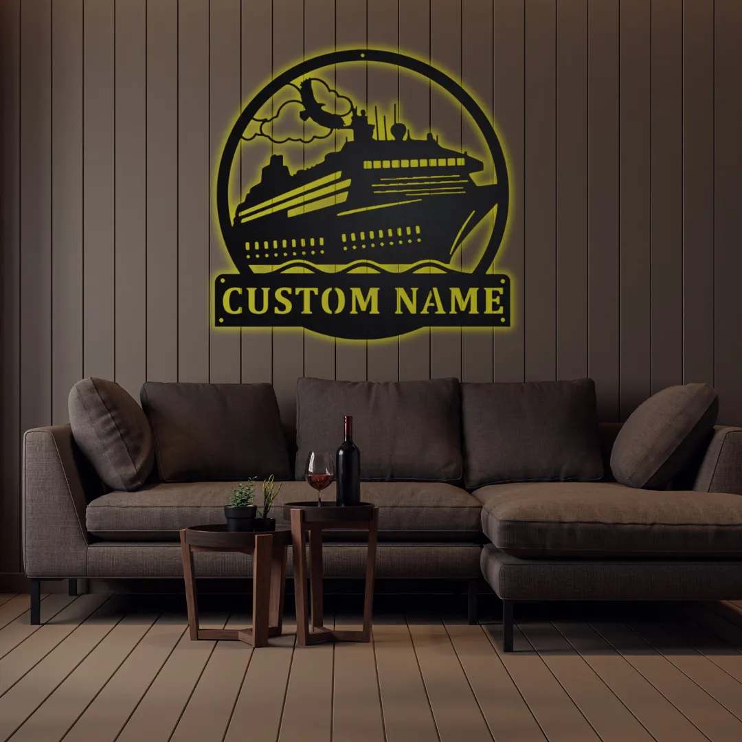 Yellow Ocean Voyage Silhouette Black metal wall hanging with cruise ship and waves design.