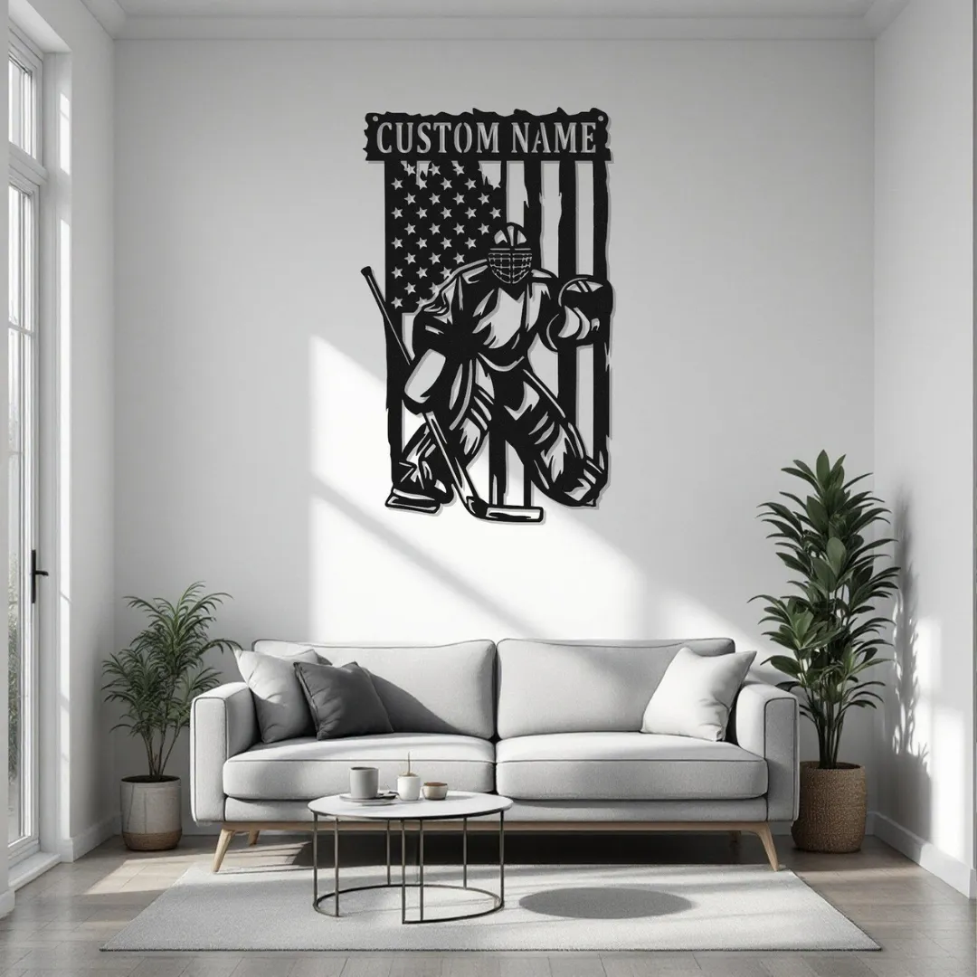 American Hockey Goalie Silhouette American flag hockey goalie metal wall art with custom name