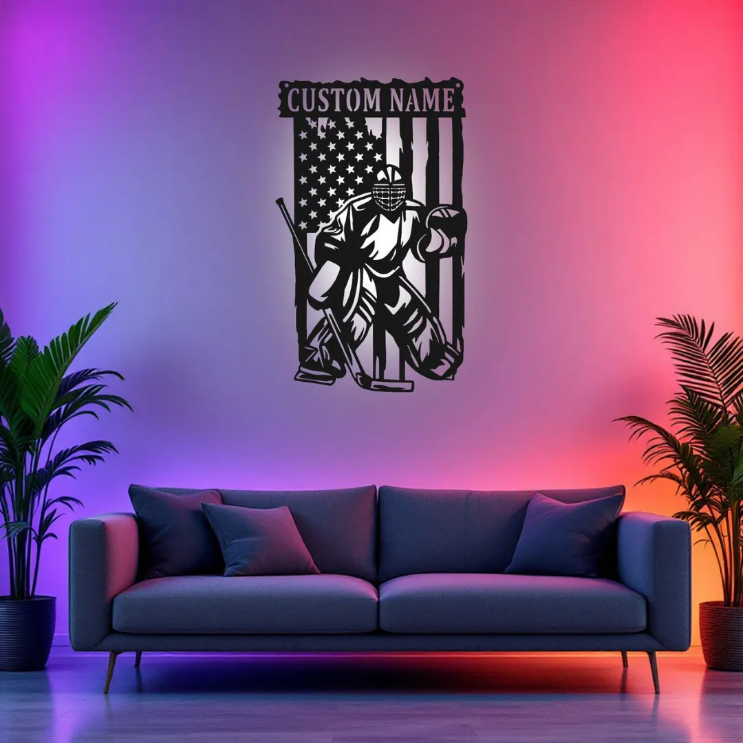 American Hockey Goalie Silhouettes Personalized hockey wall décor with USA flag and goalie silhouette