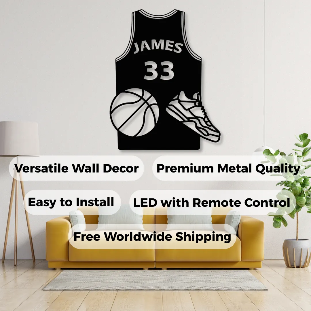 Basketball Jersey Silhouettes Personalized basketball jersey wall décor with sneakers and ball