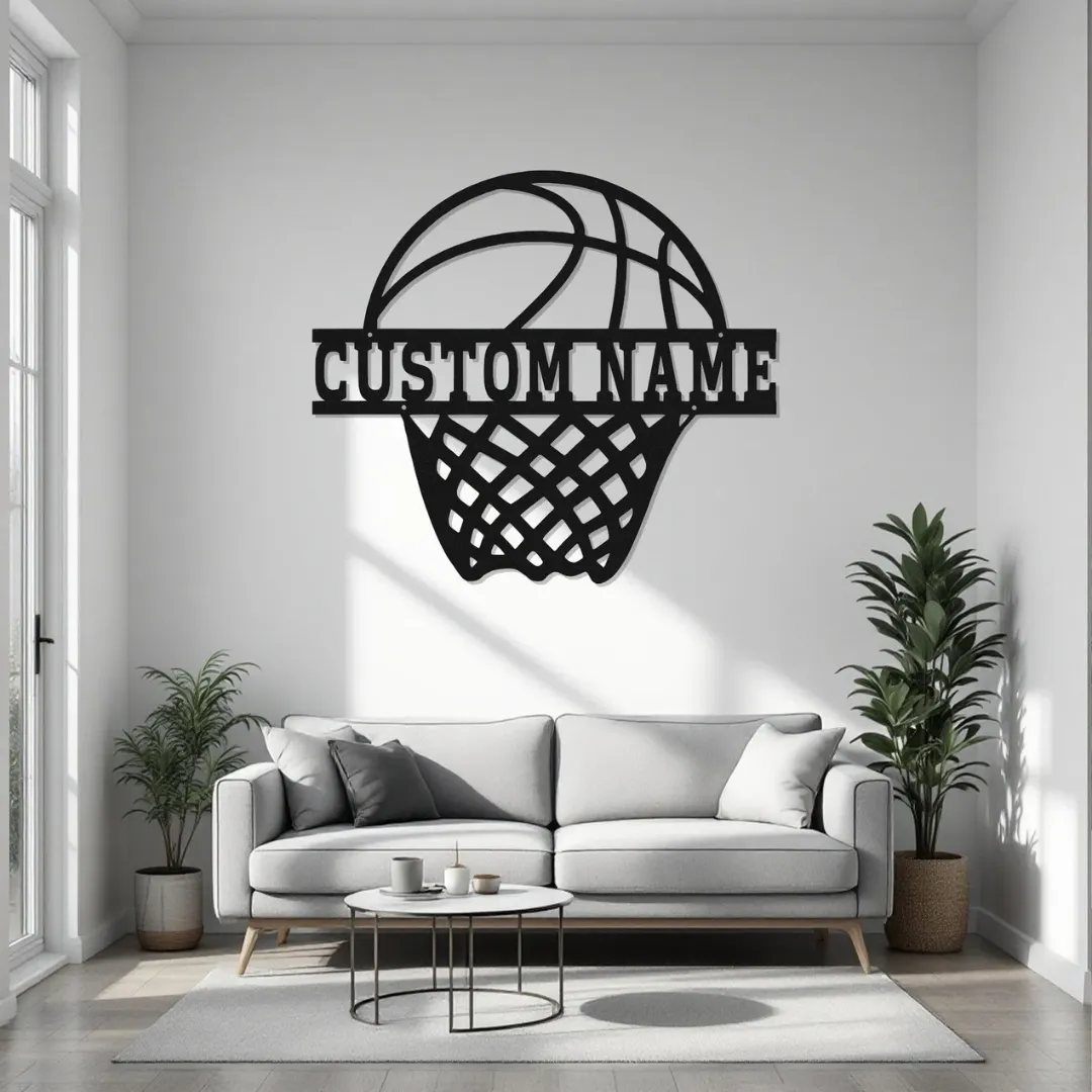 Basketball Net Silhouette basketball hoop metal wall art with custom name and number