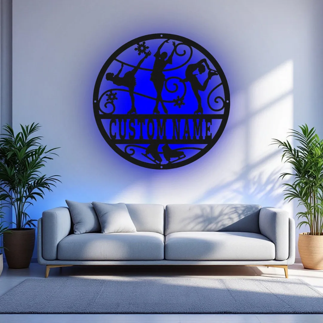 Blue Figure Skating Silhouette Personalized ice skating wall décor round floral design