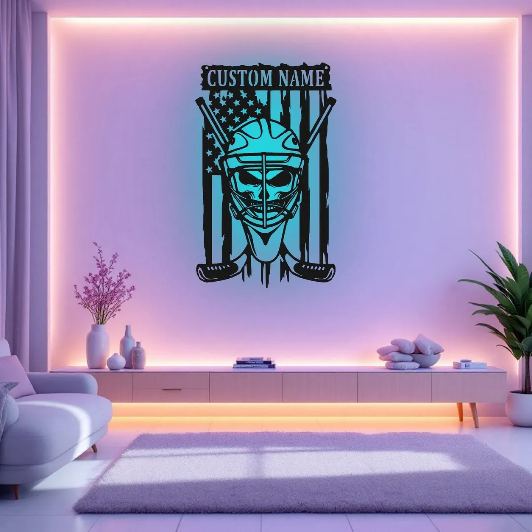 Blue Goalie Mask Silhouette American flag hockey goalie mask metal wall art with custom name