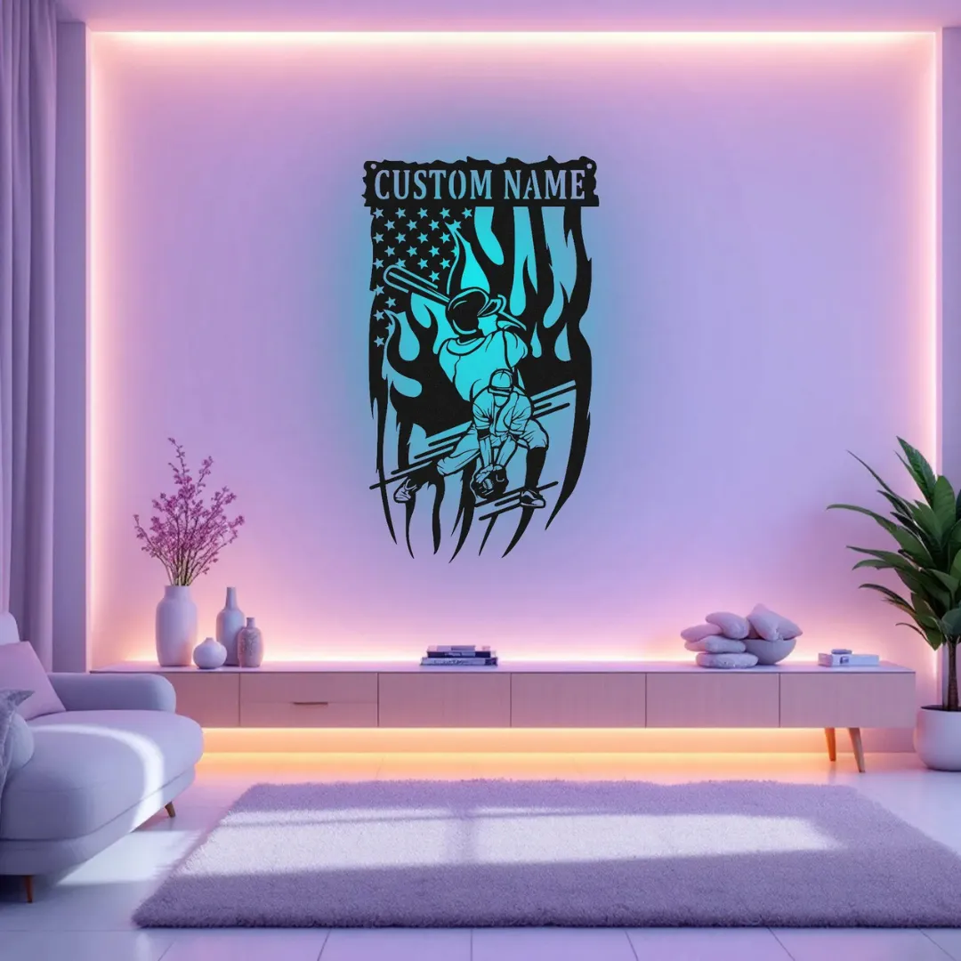 Blue Patriotic Baseball Batter Silhouette Baseball batter silhouette metal wall décor with U.S. flag