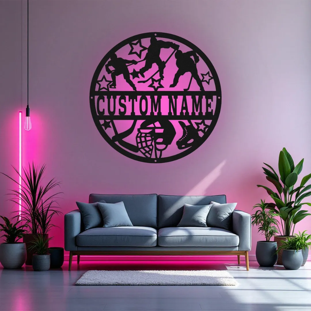 Custom Hockey Silhouettes Round hockey metal wall art with custom name plate and players