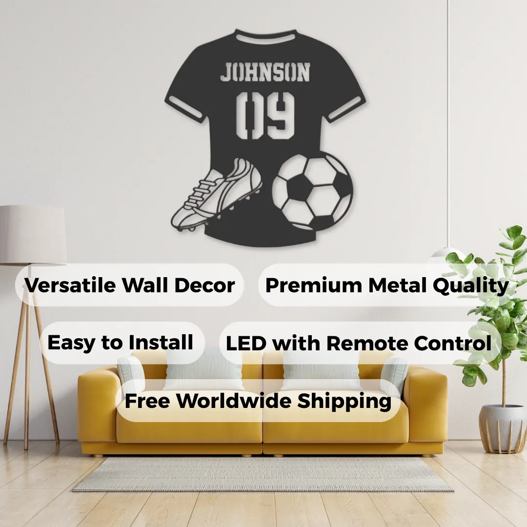Custom Soccer Jersey Silhouettes Black soccer-themed wall décor featuring jersey, ball, and cleats