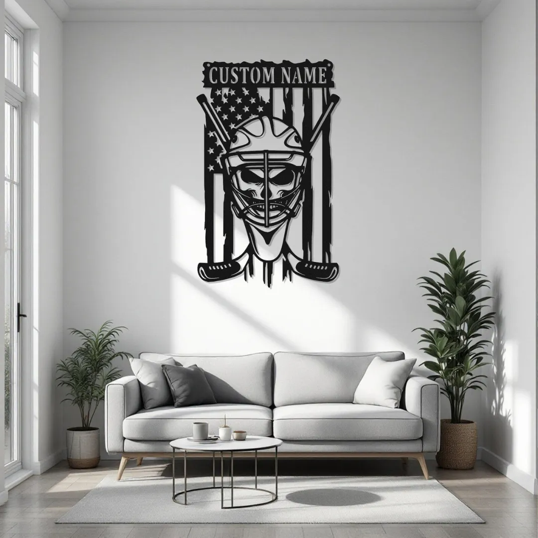 Goalie Mask Silhouette Patriotic hockey wall décor with goalie mask and sticks