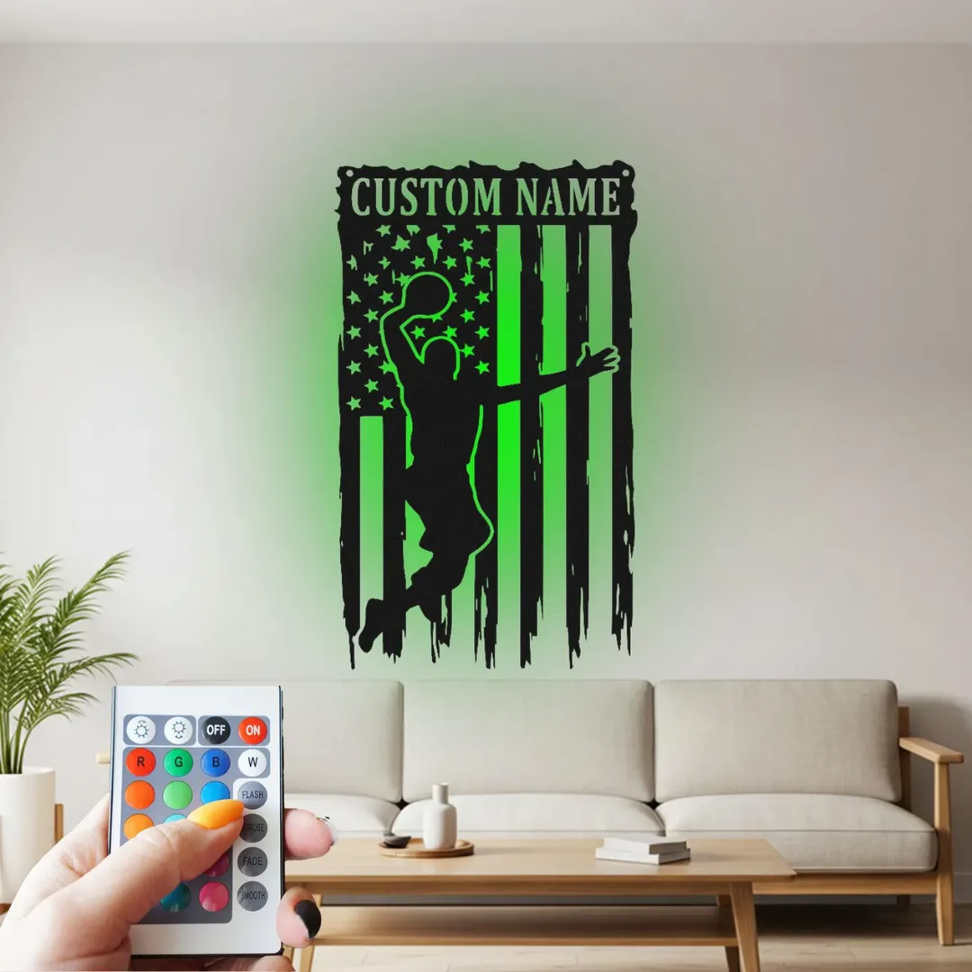 Green American Basketball Player Silhouette Customizable basketball wall art with USA flag