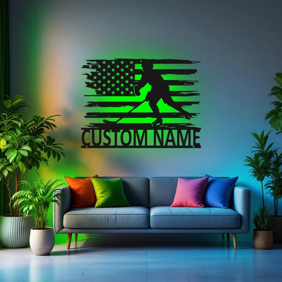 Green American Flag Hockey Silhouette Personalized hockey wall décor with USA flag and player silhouette
