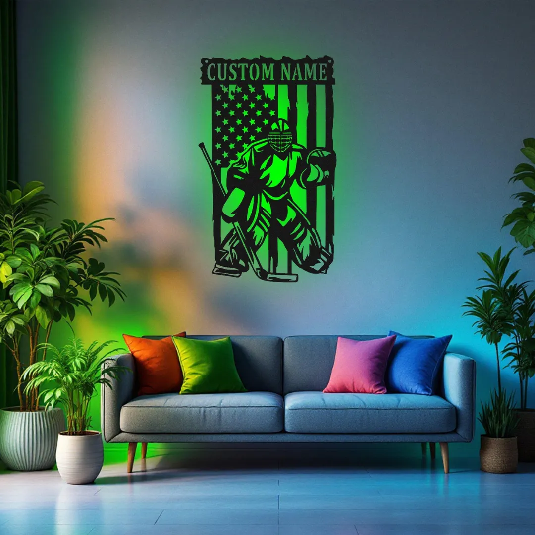 Green American Hockey Goalie Silhouette Laser cut American hockey goalie wall art LED and non-LED