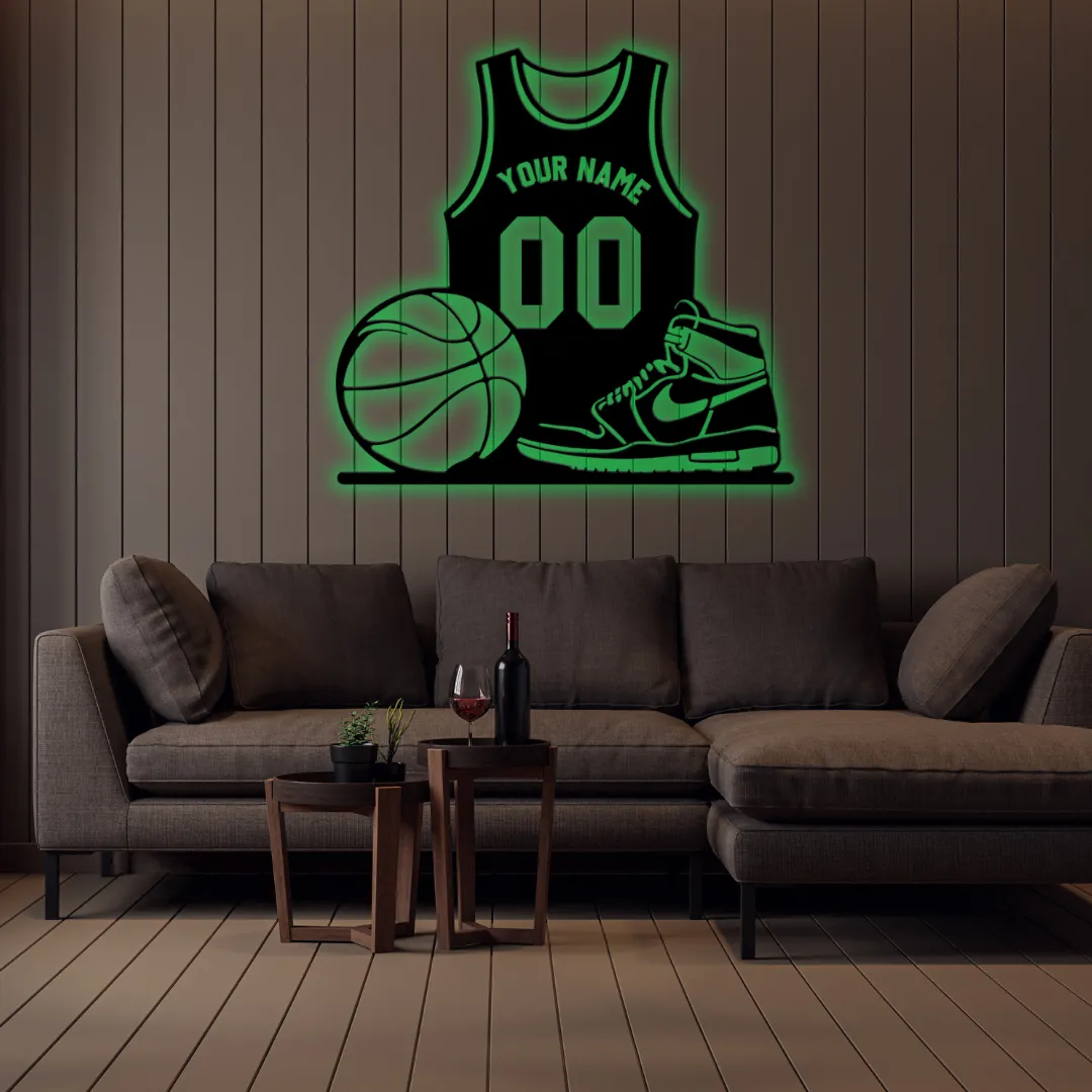 Green Custom Basketball Jersey Silhouette Personalized basketball metal wall hanging LED and non-LED