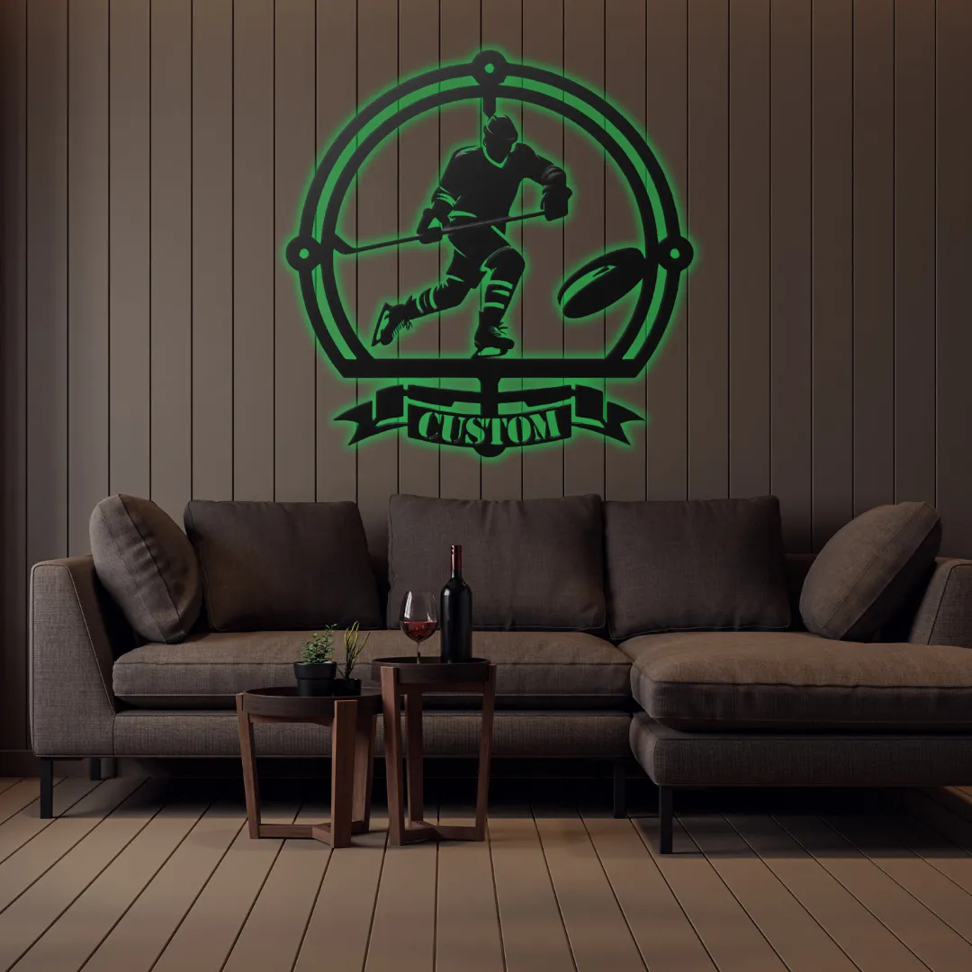 Green Hockey Action Mask Silhouette Personalized hockey player wall décor inside round frame