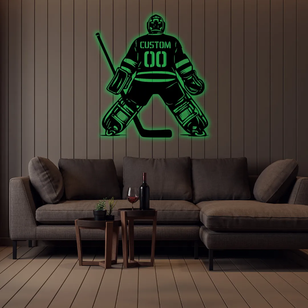 Green Hockey Goalie Silhouette Laser cut hockey goalie jersey number wall hanging