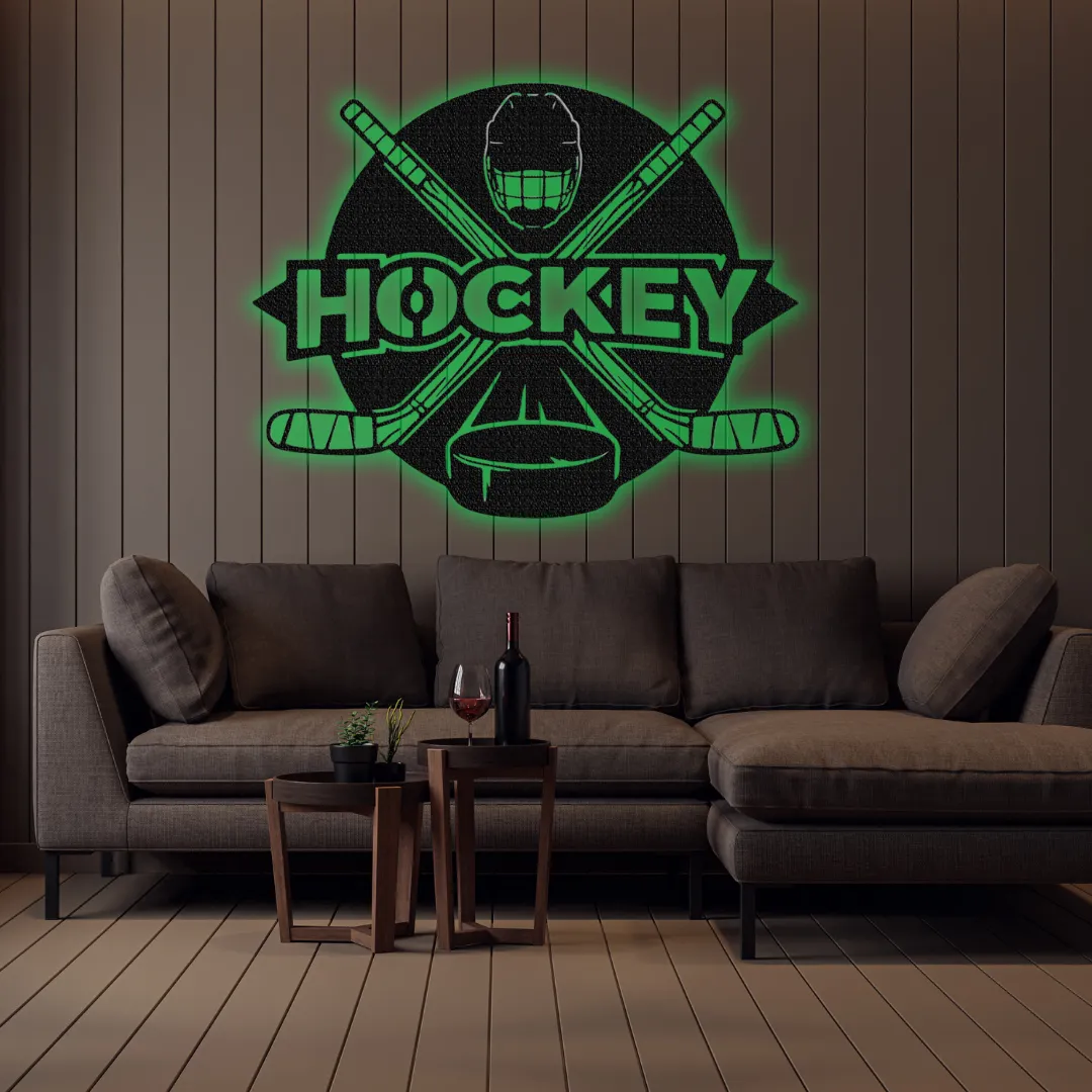 Green Hockey Logo Silhouette Sports-inspired hockey metal wall art in LED and non-LED