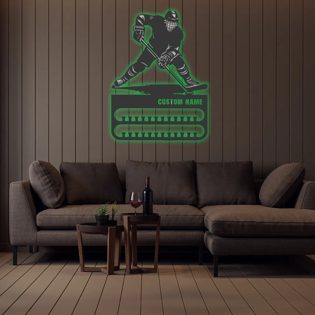 Green Hockey Medal Holder Personalized Silhouette Custom hockey medal display rack with engraved name option