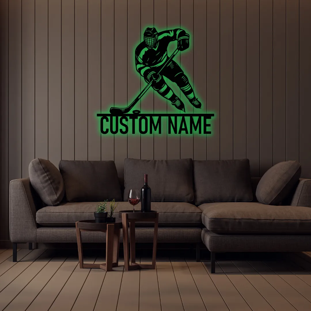 Green Hockey Player Custom Silhouette CNC laser cut hockey player silhouette metal wall hanging