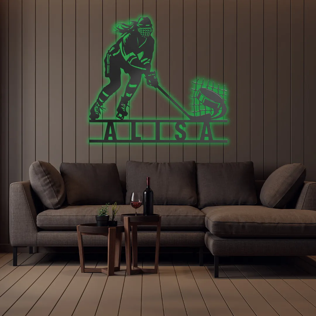 Green Hockey Spirit Personalized Silhouette Black Laser-cut metal hockey design with goal net and custom text