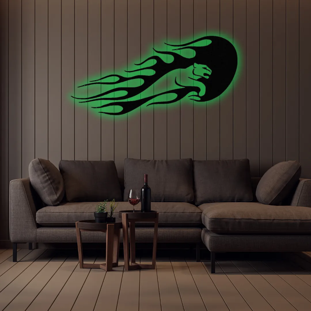 Green Inferno Panther Silhouette Dynamic fire-inspired panther metal artwork in home décor.