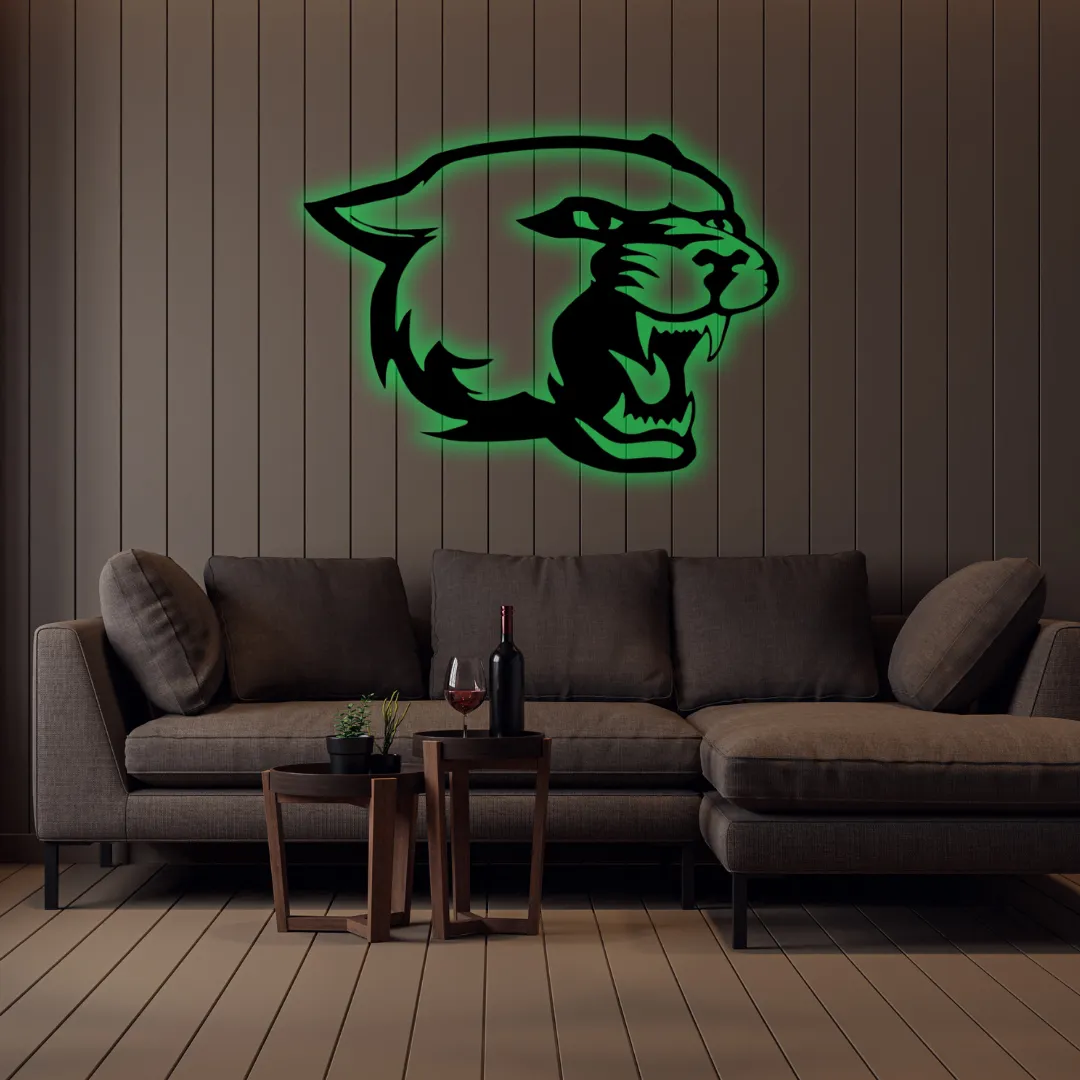 Green Wild Roar Silhouette Wildcat head wall art in contemporary home setting.