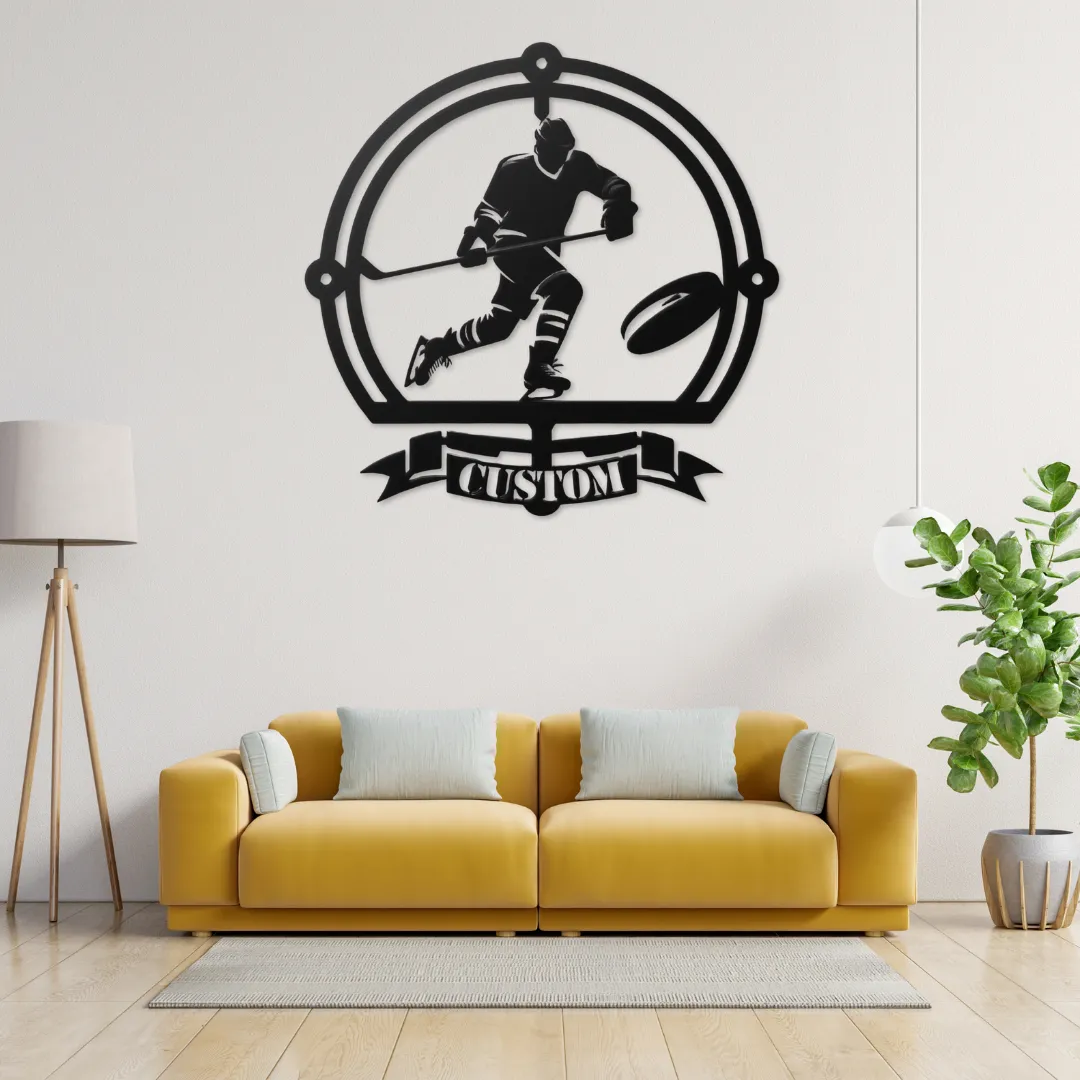 Hockey Action Mask Silhouette Hockey action silhouette metal wall art with custom banner