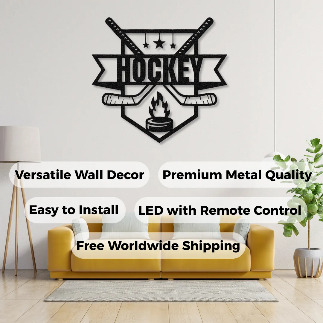 Hockey Crest Silhouettes Badge style hockey wall décor with flames and bold text