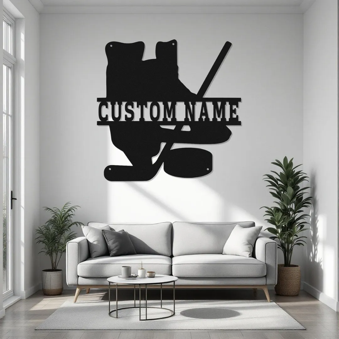 Hockey Skates Silhouette Hockey skates metal wall art with custom name plate